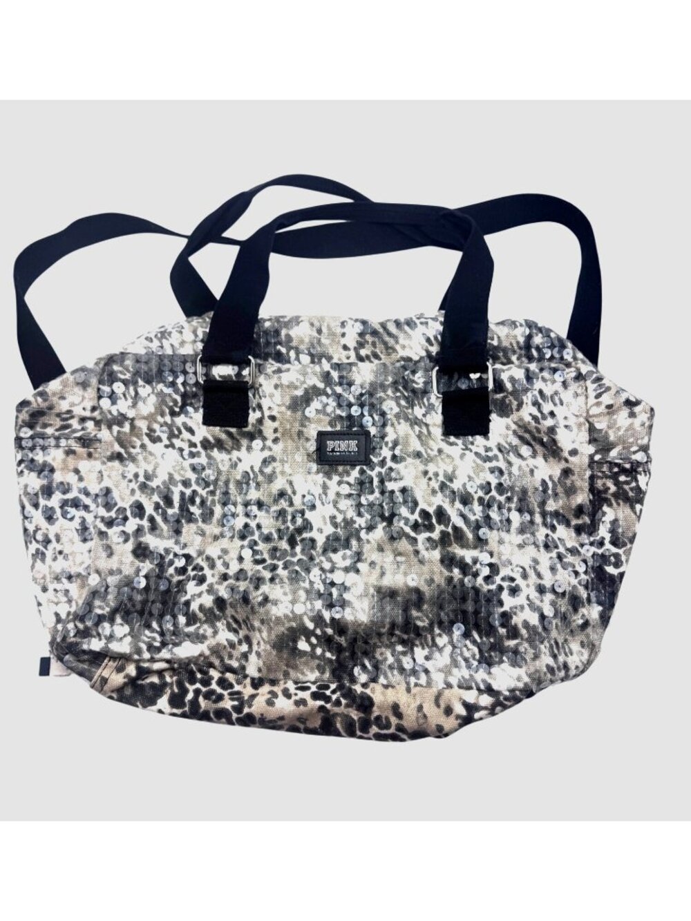 Victorias Secret Pink Large Leopard Print Tote Bag With Sequins & Black Straps 1
